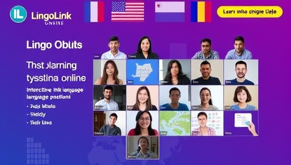 An engaging image of LingoLink Online featuring a diverse group of language learners participating in a virtual language exchange session, with interactive language exercises, cultural references, and global flags in the background, illustrating the platform's vibrant and immersive language learning environment.