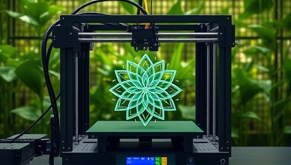 An artistic representation of a 3D printer creating a beautiful, intricate eco-friendly design with lush greenery in the background, symbolizing sustainability and innovation.