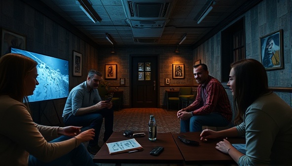 An immersive virtual escape room setting with players collaborating to solve puzzles and unlock hidden clues, capturing the suspense and excitement of the online gaming experience offered by the platform.