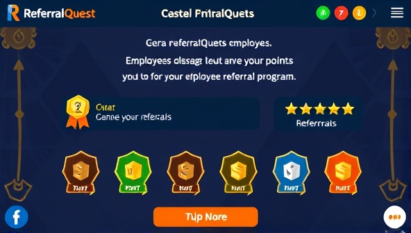 An engaging and colorful game interface showing employees collecting points and badges for successful referrals within the ReferralQuest platform, highlighting the fun and competitive nature of the gamified employee referral program.