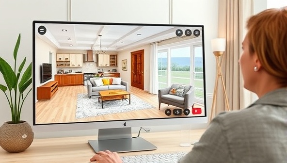 An inviting virtual living room design displayed on a computer screen, with a virtual interior designer discussing color schemes and furniture placement with a client over a video call, highlighting the convenience and creativity of InterioVision's services.