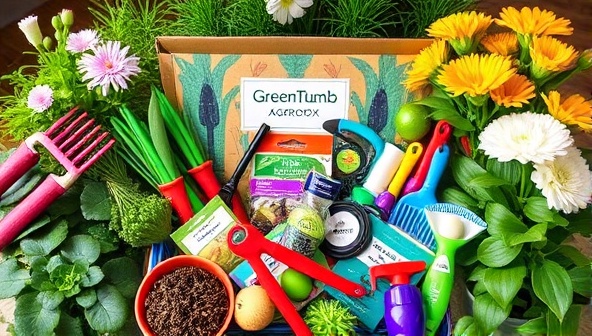 An assortment of colorful and diverse gardening tools, seeds, and gadgets neatly arranged in a vibrant subscription box, surrounded by lush green plants and blooming flowers, creating an enticing and visually appealing display of the GreenThumb AgroBox offerings.