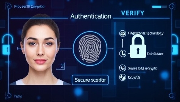 An advanced biometric authentication process in action on the SecureID Verify platform, featuring facial recognition technology, fingerprint scanning, and secure data encryption, highlighting the cutting-edge security measures and user-friendly interface of the service.