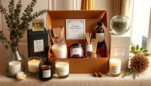 An elegant and inviting subscription box display featuring a variety of artisanal candles, diffusers, and natural scent samples arranged in a luxurious packaging, surrounded by botanical elements, mood-setting decor, and cozy ambience, evoking a sensory journey of home fragrance indulgence.