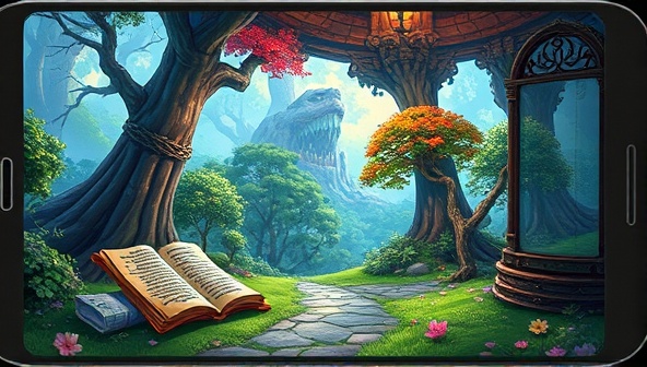 An enchanting fantasy landscape within the app interface, featuring writing prompts hidden in magical scrolls, word puzzles scattered across a vibrant forest, and interactive quests that lead players to creative storytelling achievements.