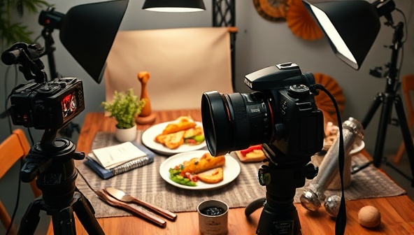 An artistic setup with a camera capturing a beautifully styled food scene, props, lighting equipment, and editing tools arranged around a styled table, illustrating the process of creating captivating food images and the artistry of food photography and styling.
