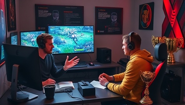 An eSports training session depicted with a coach analyzing gameplay footage, providing feedback to a dedicated player, surrounded by gaming setups, strategy guides, and championship trophies, illustrating the professional and focused environment of eSports training and coaching sessions, designed to elevate gaming skills and competitive performance.