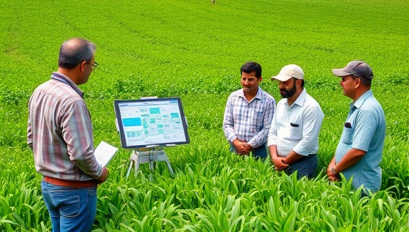 An image of a consultant demonstrating a digital farm monitoring system to a group of interested farmers in a lush green field, highlighting the blend of technology and agriculture for improved farm productivity.