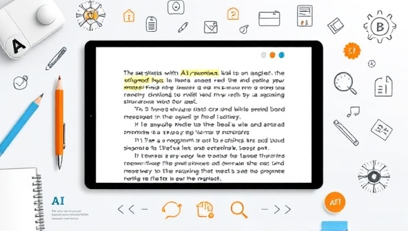 An interactive editing interface displaying a text document with AI-generated grammar suggestions, highlighted errors, and improvement recommendations, surrounded by digital writing tools and language icons, symbolizing precision and efficiency in writing enhancement with GrammarGenius AI.