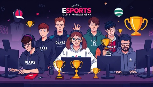 An illustration showcasing a diverse group of eSports professionals with their gaming setups, surrounded by branded merchandise and trophies, symbolizing success, recognition, and the supportive environment fostered by eSports Elite Management.