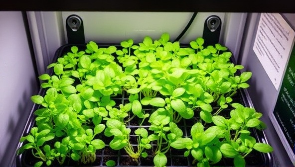 A vibrant image of a compact indoor gardening kit with microgreens in various stages of growth, showcasing the simplicity and beauty of urban microgreen farming, with a focus on sustainability and freshness.