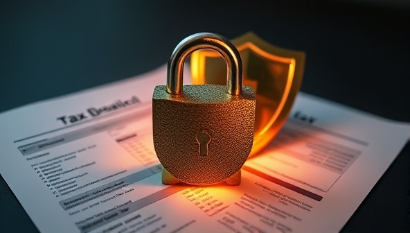 An intricate lock symbolizing security and protection, surrounded by tax documents and a shield, representing safeguarding clients' financial interests, trust, and reliability.