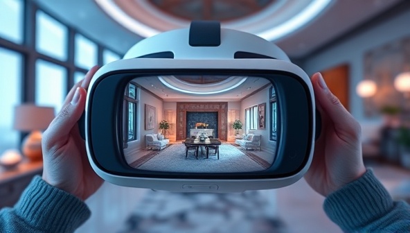 An engaging VR headset displaying a virtual reality tour of a luxurious property interior, with interactive navigation features and lifelike graphics, illustrating the immersive experience offered by VRWebTours.