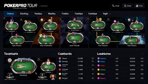An online poker lobby showcasing various tournament tables and cash games, with players competing in real-time matches and leaderboards displaying top performers, capturing the competitive and dynamic nature of the PokerPro Tour online poker subscription service.
