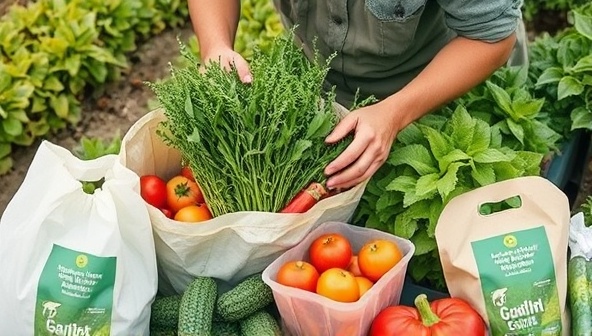 An image of a farmer packing freshly harvested produce in biodegradable bags and containers, featuring eco-friendly labels and packaging materials, emphasizing the commitment to sustainability and environmental stewardship in agriculture.