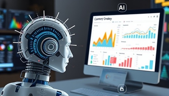 An AI analyzing a variety of content sources and generating a data-driven content strategy report, with colorful graphs and insights displayed on a computer screen, symbolizing the innovative and analytical nature of the ContentIQ content marketing platform.