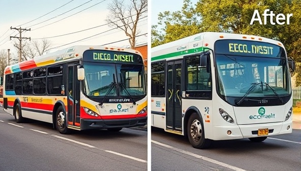 A before-and-after image showing a traditional diesel bus on one side and the same bus converted to an electric vehicle using EcoTransit conversion kits on the other side, demonstrating the transformation to clean and sustainable transportation technology.