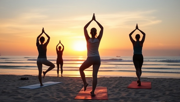 An inspiring sunset yoga session overlooking a tranquil beach, with a group of digital nomads practicing yoga poses and meditation under the guidance of a wellness instructor, capturing the harmony between work, relaxation, and mindfulness in the wellness retreat setting.