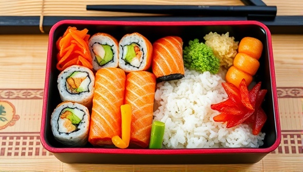 A beautifully arranged bento box with an assortment of colorful sushi rolls, vibrant pickled vegetables, and perfectly cooked rice, neatly packed in a compartmentalized box, set against a traditional Japanese backdrop, evoking a sense of culinary artistry and healthy dining.