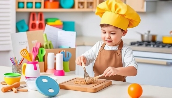 An assortment of colorful cooking tools, recipe cards, and playful kitchen gadgets arranged in a kids' cooking workspace, with a child chef wearing an apron and chef's hat, enthusiastically engaging in a cooking activity from the monthly subscription box, creating a lively and educational environment for young culinary enthusiasts to explore and learn in the kitchen.