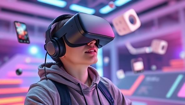 An exciting visual of a user wearing a VR headset, exploring a digital representation of a website in a futuristic virtual environment, with elements floating around showcasing different website features and interactions.