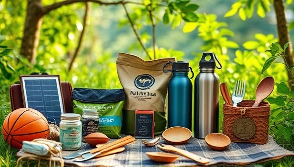 A vibrant and earthy image showcasing a collection of sustainable travel gear items like solar-powered chargers, reusable water bottles, and biodegradable camping utensils, arranged in a lush outdoor setting, emphasizing eco-friendliness and adventure.
