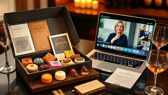 An elegant and inviting virtual tasting setup featuring a beautifully arranged tasting box with an assortment of gourmet treats, accompanied by tasting notes, a tasting guide, and a laptop displaying a live streaming session with a food expert, creating a luxurious and interactive tasting ambiance.