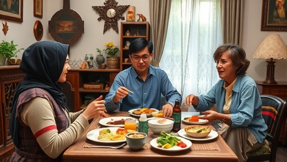 An image of a traveler sharing a meal with a host family in a cozy home setting, surrounded by cultural decor and warm hospitality, capturing the essence of authentic cultural exchange and human connection through homestay experiences.