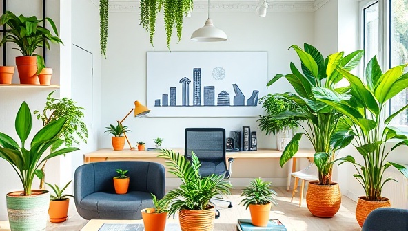 An office setting with eco-friendly decor, plants, and renewable energy sources, symbolizing a sustainable accounting consultancy focused on environmental responsibility and ethical financial practices.