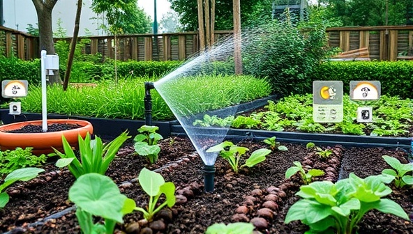 A smart irrigation system in action, watering a variety of plants in an urban garden setting, with sensors monitoring soil moisture levels and weather conditions, illustrating the efficiency and sustainability of smart watering solutions.