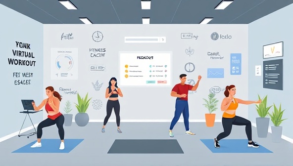 A digital illustration of a virtual workout space with diverse individuals engaging in different fitness activities, guided by virtual fitness coaches and wellness experts, surrounded by motivational quotes and progress trackers, creating an immersive and supportive virtual fitness coaching environment.