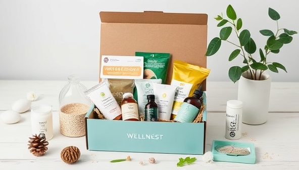 A serene wellness setting with a variety of health and wellness products neatly arranged in a subscription box, accompanied by elements representing mindfulness and self-care, creating a tranquil and inviting atmosphere that resonates with the WellNest Community's holistic approach.
