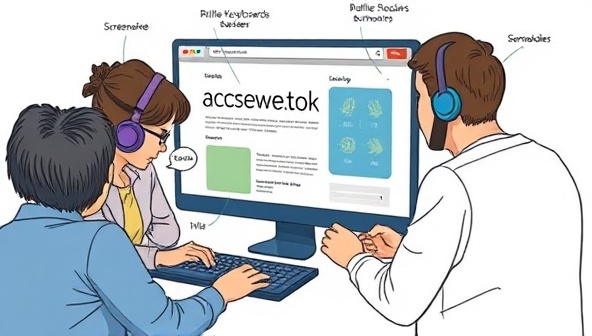An artistic representation of diverse users interacting with a website interface through various assistive technologies, with braille keyboards, screen readers, and voice commands, emphasizing the importance of accessibility in web design.