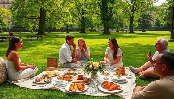 A picturesque setting of a lush green park with a stylish picnic setup featuring a luxurious spread of gourmet food items, elegant tableware, and comfortable cushions, attracting a diverse group of customers enjoying a sophisticated outdoor dining experience, capturing the essence of PicnicProvisions' upscale picnic service.
