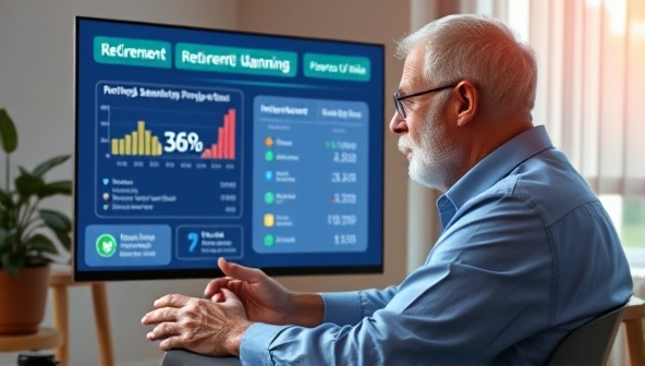 An artistic depiction of an individual engaging in a virtual retirement planning consultation, with retirement savings projections and investment advice displayed on the digital screen, symbolizing financial security and peace of mind in retirement planning.