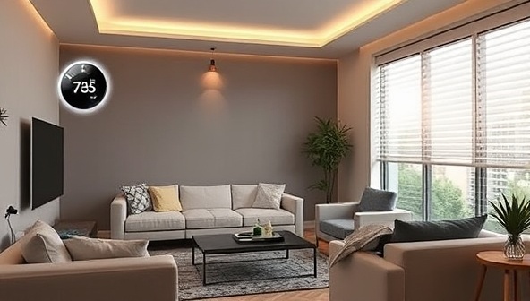A modern living room with smart home devices seamlessly integrated, showcasing a smart thermostat, LED lighting, and automated blinds, illustrating a comfortable and eco-friendly living space.