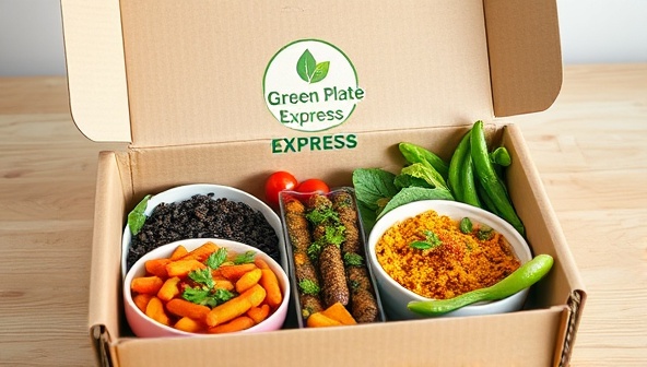 An aesthetically pleasing meal delivery box filled with vibrant plant-based dishes, garnished with fresh herbs and served with eco-friendly packaging, reflecting the quality and sustainability of the Green Plate Express service in a visually appealing manner.
