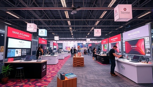 An immersive virtual event setup with interactive booths showcasing various event services, vendors, and activities, creating a vibrant and dynamic virtual event marketplace atmosphere.