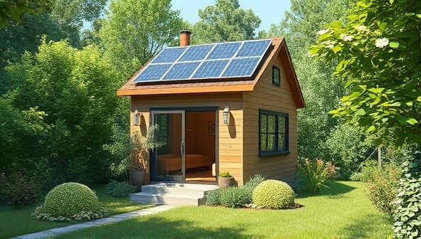 An artist's rendering of a modern, eco-friendly tiny house surrounded by lush greenery, solar panels on the roof, large windows for natural light, and a small garden outside, illustrating sustainable living in a compact yet stylish manner.