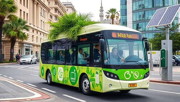 An electric shuttle bus adorned with lush greenery and eco-friendly symbols, navigating through a bustling city street with smiling passengers onboard, passing by iconic landmarks and solar-powered charging stations, showcasing a sustainable and futuristic transportation experience.