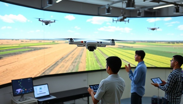 An educational setting with virtual drone simulators, agricultural landscapes, and students engaged in hands-on drone training, depicting a futuristic approach to agritech education and training.