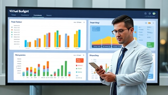 A digital dashboard displaying colorful graphs and charts representing municipal budget data, with a virtual consultant providing insights and recommendations to government officials, symbolizing financial planning and efficiency.