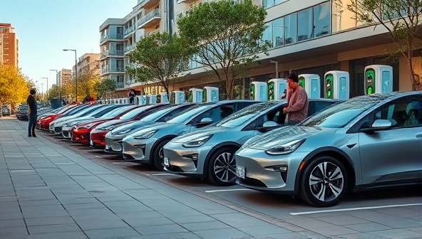 An urban landscape showcasing a variety of sleek electric vehicles lined up for selection, with charging stations in the background and a diverse group of happy customers exploring the options, highlighting sustainability and modern transportation choices.