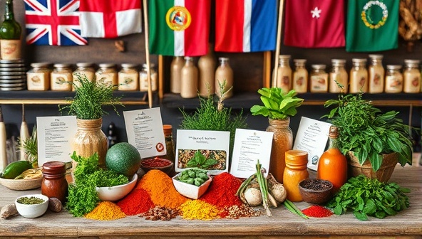A vibrant and colorful culinary spread featuring exotic spices, fresh herbs, artisanal ingredients, and recipe cards, arranged on a rustic wooden table with international flags and culinary paraphernalia in the background, evoking a sense of global culinary exploration and gourmet delight.