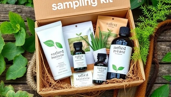 An eco-friendly product sampling kit containing sustainable beauty products, recycled materials, and plant-based samples, displayed in a natural setting to highlight the essence of eco-consciousness and product quality.