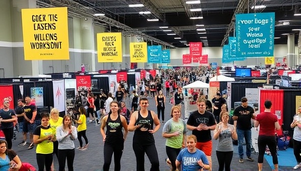 A bustling fitness event venue filled with energetic participants engaging in various workout classes, wellness workshops, and vendor booths, with colorful banners and motivational quotes adorning the space, creating a vibrant and dynamic fitness event atmosphere.