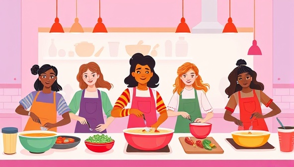 A vibrant digital illustration showing a diverse group of people cooking together virtually, each with their own cooking station, engaging in a fun and interactive online cooking class.