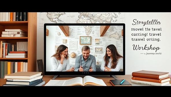 An online writing workshop setting with a diverse group of participants engaging in a virtual storytelling session, surrounded by travel books, notebooks, and inspiring travel quotes, symbolizing the creative and collaborative environment of JourneyWords Workshop for aspiring travel writers.