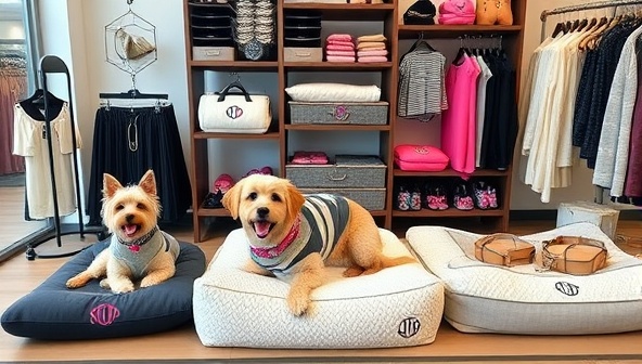 A chic and stylish display of customized pet accessories, including embroidered collars, monogrammed pet beds, and matching owner-pet apparel, arranged in a boutique setting with playful pet models showcasing the trendy accessories, appealing to fashion-forward pet parents.