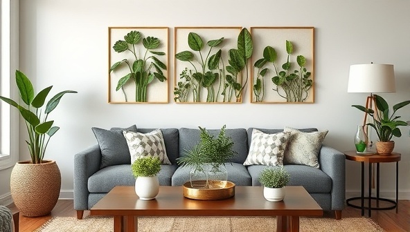 A stylish living room setting adorned with beautifully crafted 3D printed plant-based wall art, sustainable table centerpieces, and eco-friendly decor items, showcasing a modern and eco-conscious lifestyle.